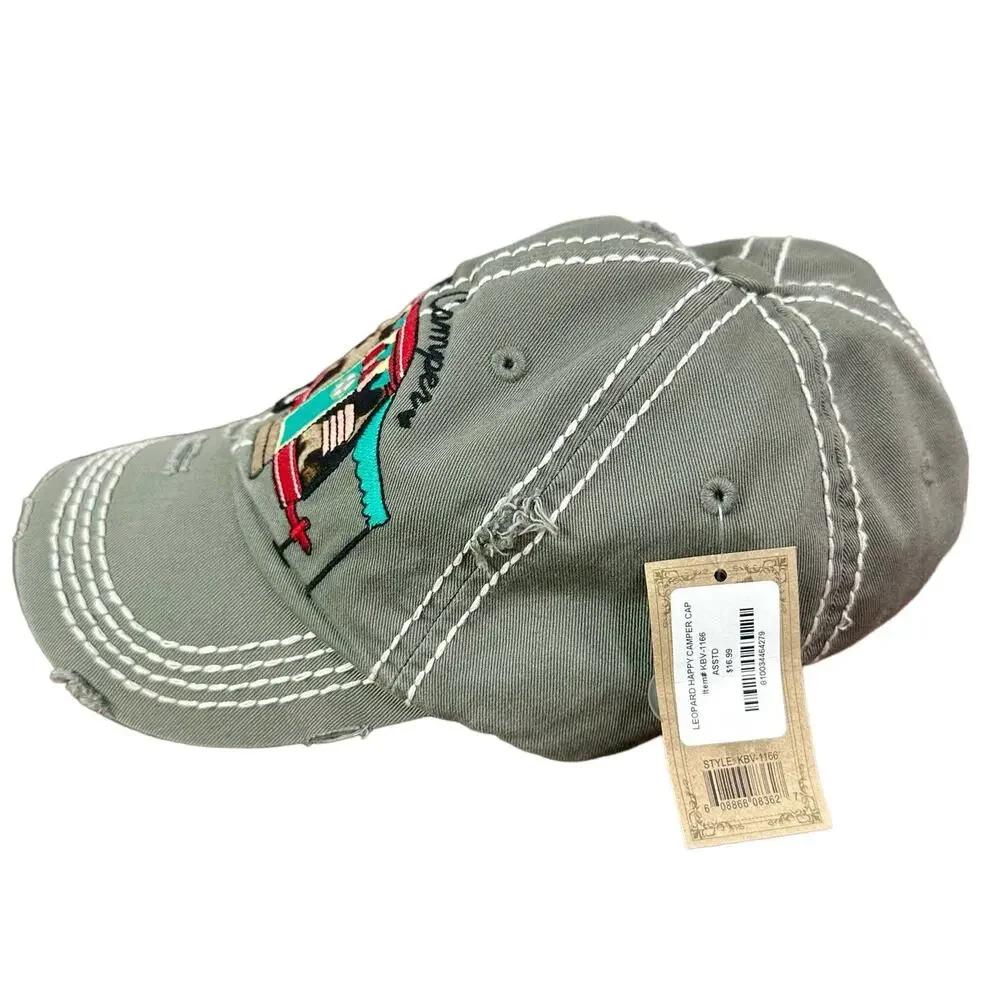 Kbethos Vintage NWT 100% Cotton Gray Happy Camper Cheetah Print Embroidered Cap
